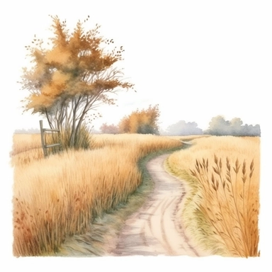 watercolor, hyper realistic, white background, white margins, 16k, ultra detailed clipart, cut out image, hand-drawn a meandering path leading through an autumn field, lined with tall grasses in shades of gold and russet, inviting viewers to take a peaceful stroll