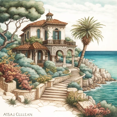 A rich color watercolored pencil painting of a seaside Mediterranean home in the style of Octopath Traveler, clean lines, intricate details, realistic, clipart, white background, png,