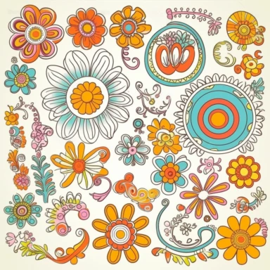 2 Groovy, retro, hippie, flower power, spaced apart, digital printable clipart, crisp vector line art minamilist, white background