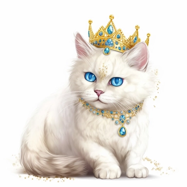 make a clipart of beautiful smiling white fluffy fairytale cat standing wearing a jeweled tiara, gold with bright blue gemstones, white background