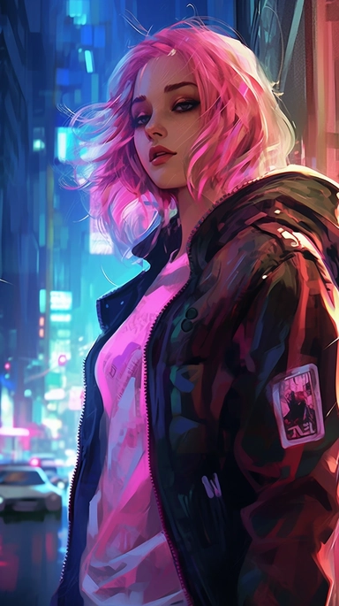 beautiful stunning pretty vintage cyberpunk anime girl, paint art style, clipart, city landscape background, superrealistic, one of a kind