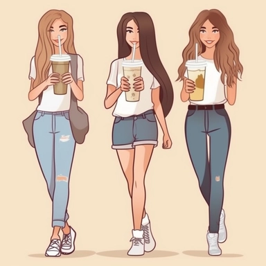 Clipart of three bestfriends, cute, girlfriends, walking side by side, facing backward, each with a different long hairstyle, wearing fitted white tshirts and white sneakers, holding up iced coffees, happy, isolated on a transparent background