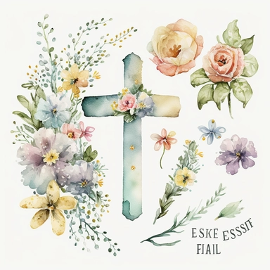 watercolor Easter Cross, flowers, Easter element clipart, on white background