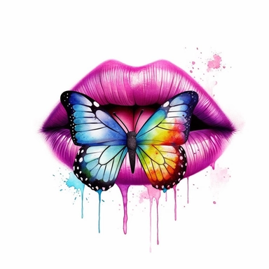 Cute Beautiful Fantasy Colorful Lip And Butterfly Watercolor Sublimation Clipart,Cartoon,hyper realistic, intricate detail, illustration style,high solution,on the white background