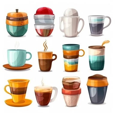 Clipart set different cups and containers with hot coffee, perfect and attractive designs, realistic style digital art, white background,