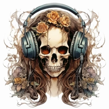 Watercolor skull with long hair back with a headsets, tshirt design clipart, contour