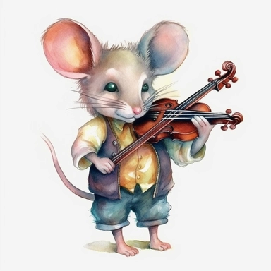 adorable Mouse playing the fiddle, watercolor clipart fantasy magic, old-world clipart