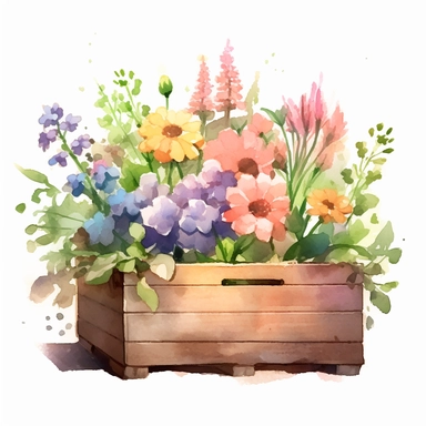 clipart, a watercolor painting of a wooden flower box filled with beautiful flowers and plants, in the style of yanjun cheng, colorful animations, rough clusters, clean and simple designs, leica cl, warm color palettes, colorful washes, white background--ar 34:33