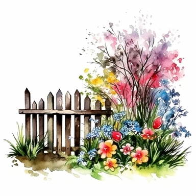 clipart, isolated on white background, Watercolor Spring beautiful ornated fence fulls of the colorful flowers and grass and plants and branches and tree, ornated, vivid and vibrant and saturated colors