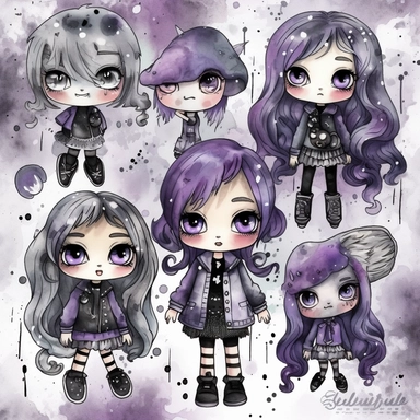 watercolor funny create kawaii marbled black ,silver, purple chibi school spirit clipart, isolated on white background,space out--ar3:2--s1000