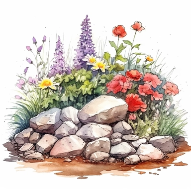 watercolor clipart of a gorgeous flower garden bed with rocks, colored pencil drawing, good composition, vector, contour, isolated white background, 16k