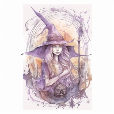 witch card , in the style of mystic mechanisms ,pencil art illustrations, Isolated white background, reimagined by industrial light and magic, lith printing, illusory images, watercolor clipart, very subtle purple tones, , ,