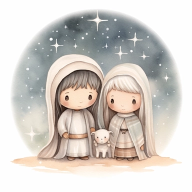 A watercolor painting of a cute nativity with Mary and Joseph, Christmas, cute detailed digital art, inspired by nicoletta ceccoli, by Kubisi art, whimsical and cute, by nicoletta ceccoli, cute detailed artwork, glimmering, adorable and whimsical, whimsical art, Clipart style, png style, svg style, blank white background, a solid white background