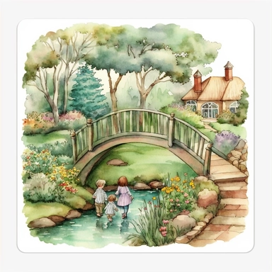 watercolor colorful watercolor artwork depicting a picturesque garden scene during the summertime. The bridge itself is a rustic wooden structure with arched beams and railings, spanning over a babbling brook. children playing clipart sticker