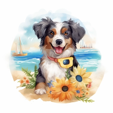summer, clipart, water color, dog, no background, white background, beach