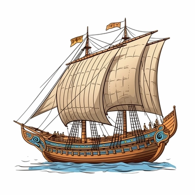 Subject: Ancient Egyptian Warship Medium: Clip Art Environment: White background Style: Realistic Intended Use: Printing on t-shirts, cups, stickers, etc. Description: Create a clip art image of a realistic ancient Egyptian warship. The warship should be depicted from a side view, showcasing its distinctive design and features. The ship should have a sleek and streamlined shape, with a long and narrow hull. It should feature multiple layers of oars on each side, indicating the propulsion method 