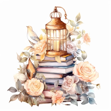 stack of large thick fairy books intricate details beside large lantern , greek in watercolor style, wedding, wedding flowers, rose and gold, cottage clipart, ethereal bohemeian, wedding bird, lantern ,detailed illustration hd, on white background ar 3:2 s 1000