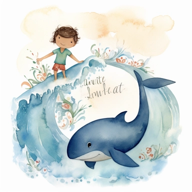 watercolour, adorable, me and the Sea: features an adorable little polynesian boy surfing with dolphins. He is 4 years old, The positive affirmation could be I am confident in my ability to explore the world around me, clipart style
