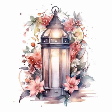 A watercolor clipart showcasing a lantern filled with twinkling fairy lights, surrounded by floral elements, evoking a magical and ethereal cottagecore ambiance , minimalist ,isolated white background,8k