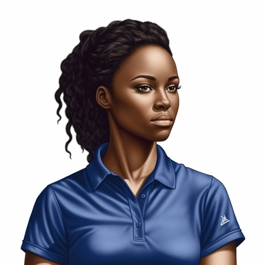 photo-realistic, partial profile, waist-level view of beautiful, speaking angry, with piercing black onyx eyes, physically fit African American woman, age 25, wearing a very stunning royal blue polo shirt, waist view on white background for vector clipart
