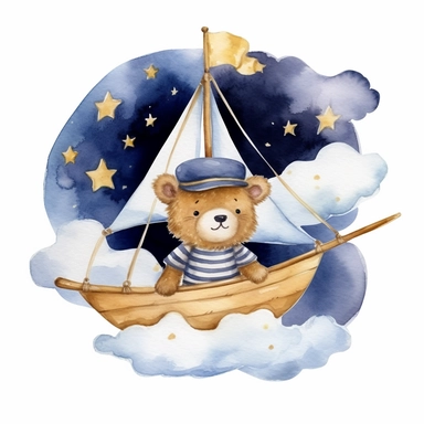 night sky clouds and a swarm of golden stars. a cute plushie sailor bear in a striped blue and white shirt and a sailor hat, in a wooden sailboat with a white sail, sailing on fluffy clouds not sea. dreamy. prominent visible brush strokes, watercolour texture, watercolor clipart png on white background