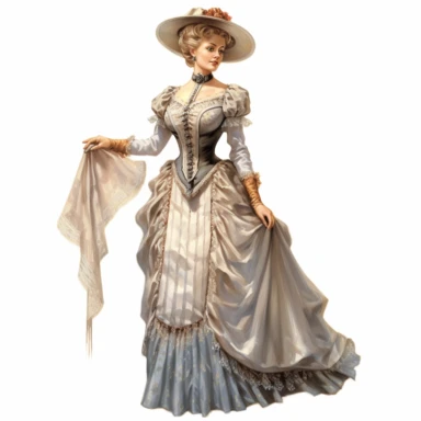 A Victorian lady in a victorian outfit. Her poised expression and magnetic gaze draw you into her world of Victorian splendor. Against a white background, the intricate details of her attire, including the flowing silhouette and intricate drapery, are depicted with exceptional detail and lifelike realism. Clipart, watercolor, white background, intricate detail, unreal engine cinematic smooth