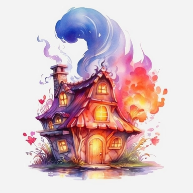 watercolor cute fire fairy flower House , wings, flame around, detailed, hd, clipart
