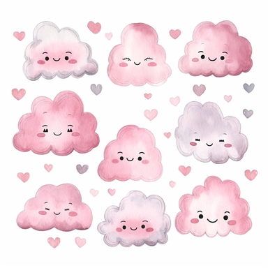Watercolor clipart sheet, simple, hand drawn doodle, cute, smiling cloud, flat vector illustration, soft pinks, white background