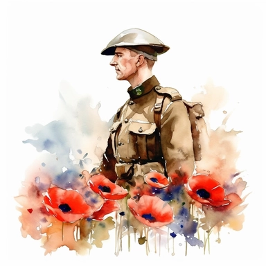watercolor Canadian soldier during World War 1 In Flanders Fields, clipart, big poppy watercolor flowers, white background