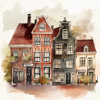 Dutch houses, clipart, watercolor, illustration