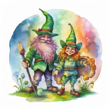 Magical style Leprechauns and Rainbow from Kelt mythology with watercolor effect,Wild scene,Suitable for digital clipart,White background,Full body
