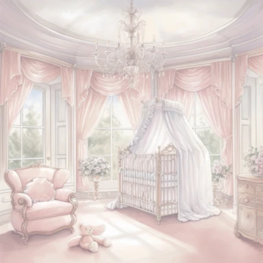 panoramic view, full view, beautiful elegant royal baby girl nursery room drawing painting, frilly, romantic, fantasy, ethereal, light pink and white colors, beautiful crib with beautiful full flowing canopy, beautiful bling crystal chandelier, soft pink teddy bear, beautiful large Victorian style window with beautiful pink flowing drapes, faux fur rug, sharp focus, high detail, 8k, illustration clipart style, transparent background