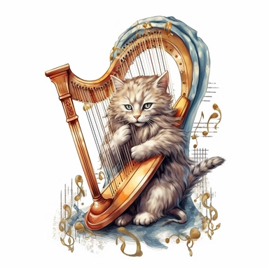 Cat playing the harp. Clip art, white background