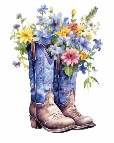 create a high quality watercolor clipart of a floral cowboy boots with spring flowers on the white background. The image needs to be high resolution.