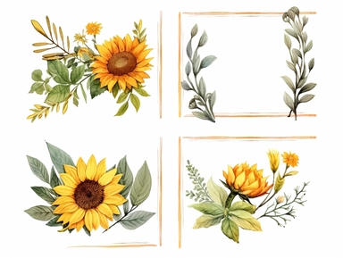 Rectangular frame with greenery and sunflowers in the four corners, floral decor clip art, colored pencil, minimalist set, Konica Big Mini