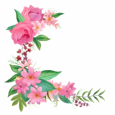 Pink Flowers and green leaves corner Border Clipart