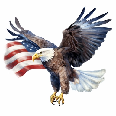flying bald eagle with american flag in his talons, clip art, white background