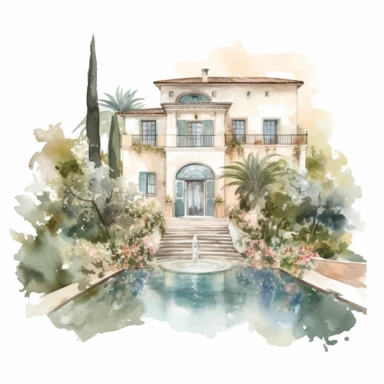 Watercolor drawing beautiful rich italian venue, wedding venue in flowers, piscina e scalinate,watercolor clipart, white background, isolated on white, 8k, watercolor style