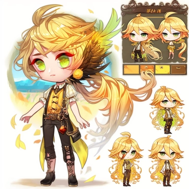 character sheet, knoling, clipart, inventory catalog, cute chibi character, golden wavy long hair, long bangs, yellow-green eyes, flat chest, beautiful young boy, gothic, frill, lace shirt, high West brown shorts, yellow bird, mimosa, yellow jewelry, ribbon