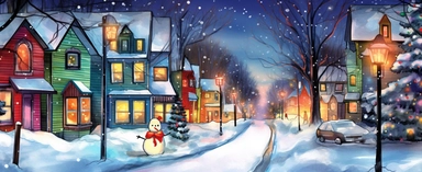 Watercolor drawing, christmas lights, large snowman, the city at night, the lights on, bright colors, ultradetailed hd, style by Lucy Fleming, watercolor, smooth gradients, black contour outline, ultra detailed, clipart elements, delicate pastel colors, s