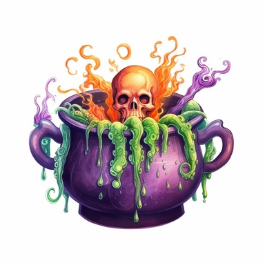 hand drawn black cauldron with bubbling potion, large bone in the cauldron, an octopus tentacle coming out of cauldron and hanging on the side, Halloween, purple orange and green shades, fantasy, glamorous, clipart style, detailed and realistic, watercolor, white background with margins