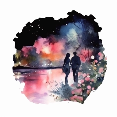 Watercolor, A couple by the river in bloom, night,clipart on black background