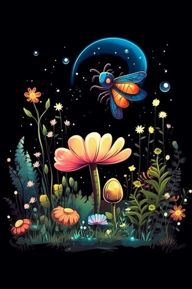 Cute and cute insect firefly, meadow with flowers and green leaves, landscape at night, meadow with leaves and night flowers,meadow with flowers and green leaves ,walt disney style, color, 4k, quality, detailed, clipart, clipart, sticker, cute, countryside landscape, pastel colors, smile, black outline only, cartoon illustration black and white high contrast happy cartoon, cartoon illustration of style, children's book illustration,