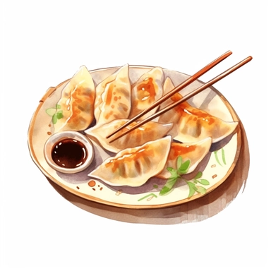 picturesque,bright luxury Japanese nutural food, Pan-fried gyoza dumplings with brown burnt marks, Japanese Gyoza have Juicy on the inside, a golden brown and slightly crispy base, for the restaurant menu, icon clipart on white background, watercolor, detailing in pastel colors, high quality, painted by Beatrix Potter, 8k,