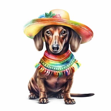 whimsical cute [Cinco de mayo, dachshund] , hyper-realistic watercolor illustration, 3d, 8k high definition, highly detailed, masterpiece, clip art, white background