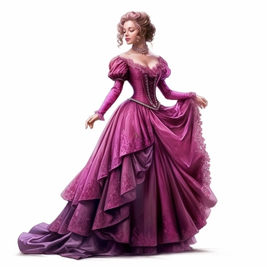 Single Victorian woman in a deep magenta gown, adorned with intricate floral embroidery and delicate ribbon trim. Standing confidently with her arms slightly extended, she epitomizes the grace and charm of Victorian fashion. Clipart, watercolor, white background, intricate detail, hyper realistic, unreal engine cinematic smooth
