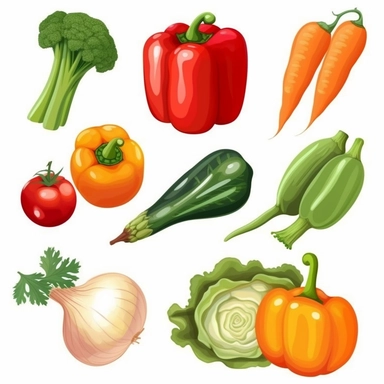 Create a set of high-quality PNG vegetable clipart images. Each illustration should showcase a different vegetable, such as carrots, broccoli, tomatoes, and peppers, in a clean and crisp style. The colors should be vibrant and true to nature, making the vegetables appear fresh and appealing. The clipart images should be versatile and suitable for use in educational materials, recipe cards, or any design project that celebrates healthy eating and nature's bounty.