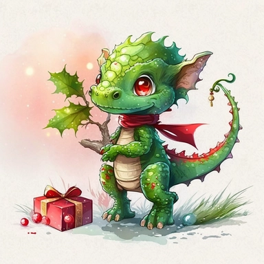 watercolor, full body baby Christmas dragon, cute, big eyes, clip art, green and red, christmas tree, presents, lights, snow ar 2:3