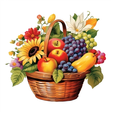 A lovely Fruit and vegteble basket with some flower clipart, white background