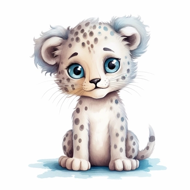 an adorable baby leopard with kind eyes clipart with watercolor illustration,full body shot,8k,etsy style, white background